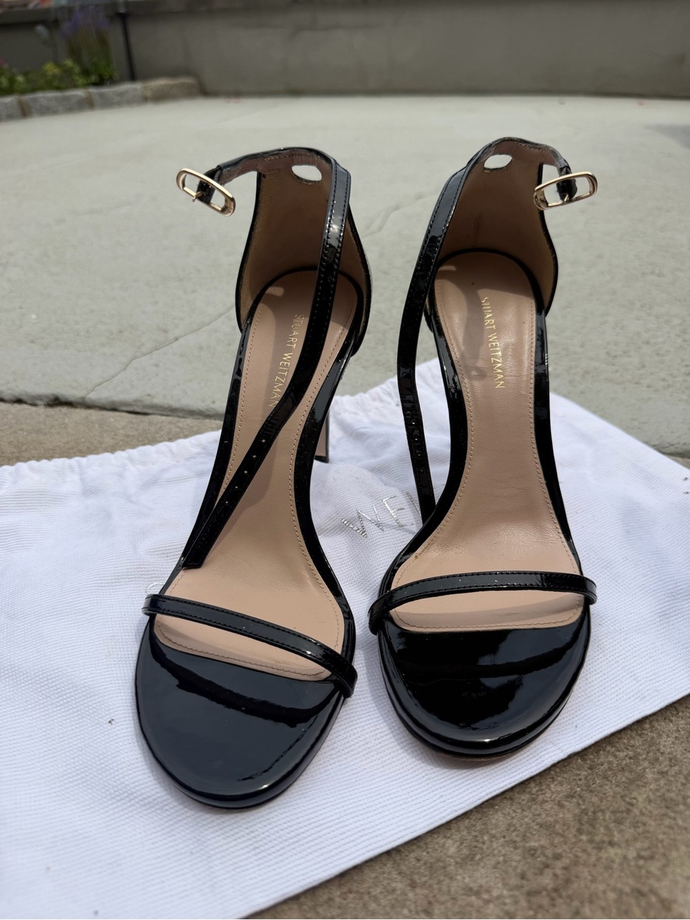 Stuart Weitzman Black Patent Leather T-Strap Ankle Strap Heels